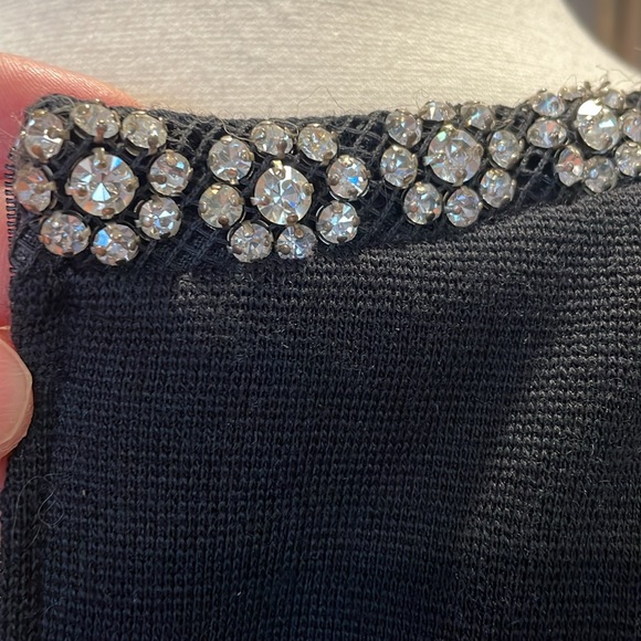 Capriel -1960’s Vintage 100% Wool Black Knit Dress W Rhinestone Trim - Picture 9 of 11